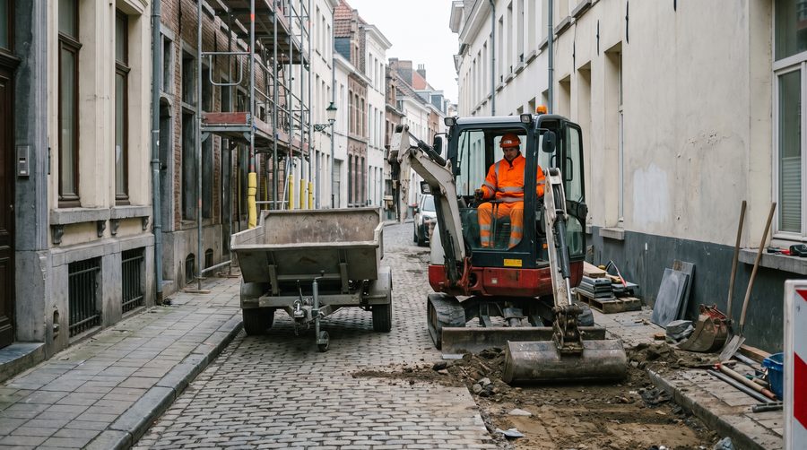 Minibagger hebt einen Hausanschlussgraben im Gehweg aus, daneben Verbauplatten und ein Stapel Rohre